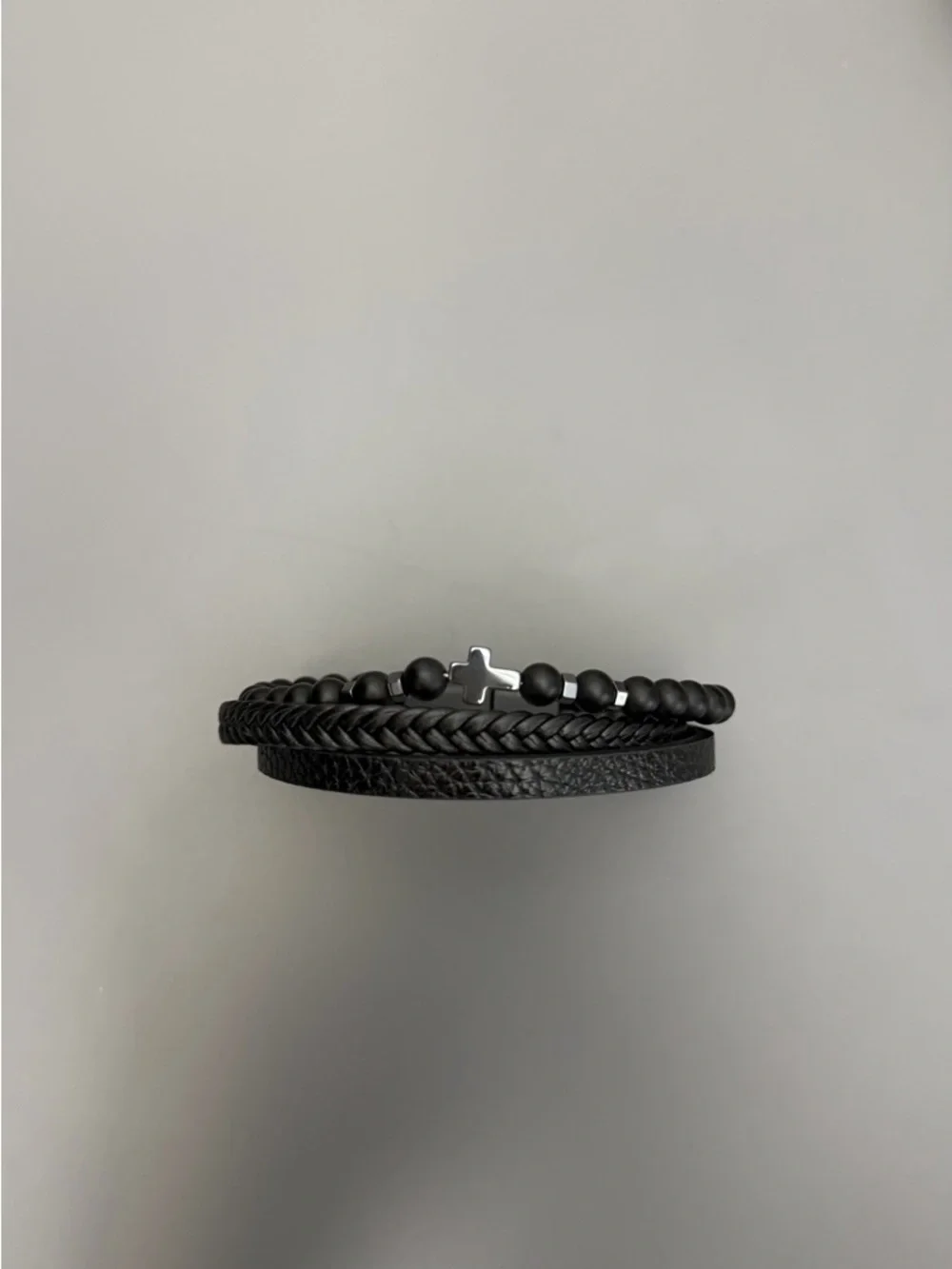 Black Leather Beaded Bracelet Set Men Cross Charm Double Wrap Minimalist